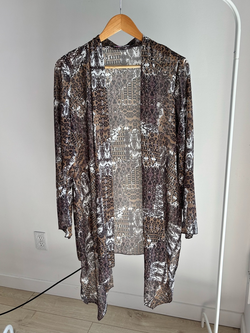 Open-Front Brown Patterned Women's Cardigan